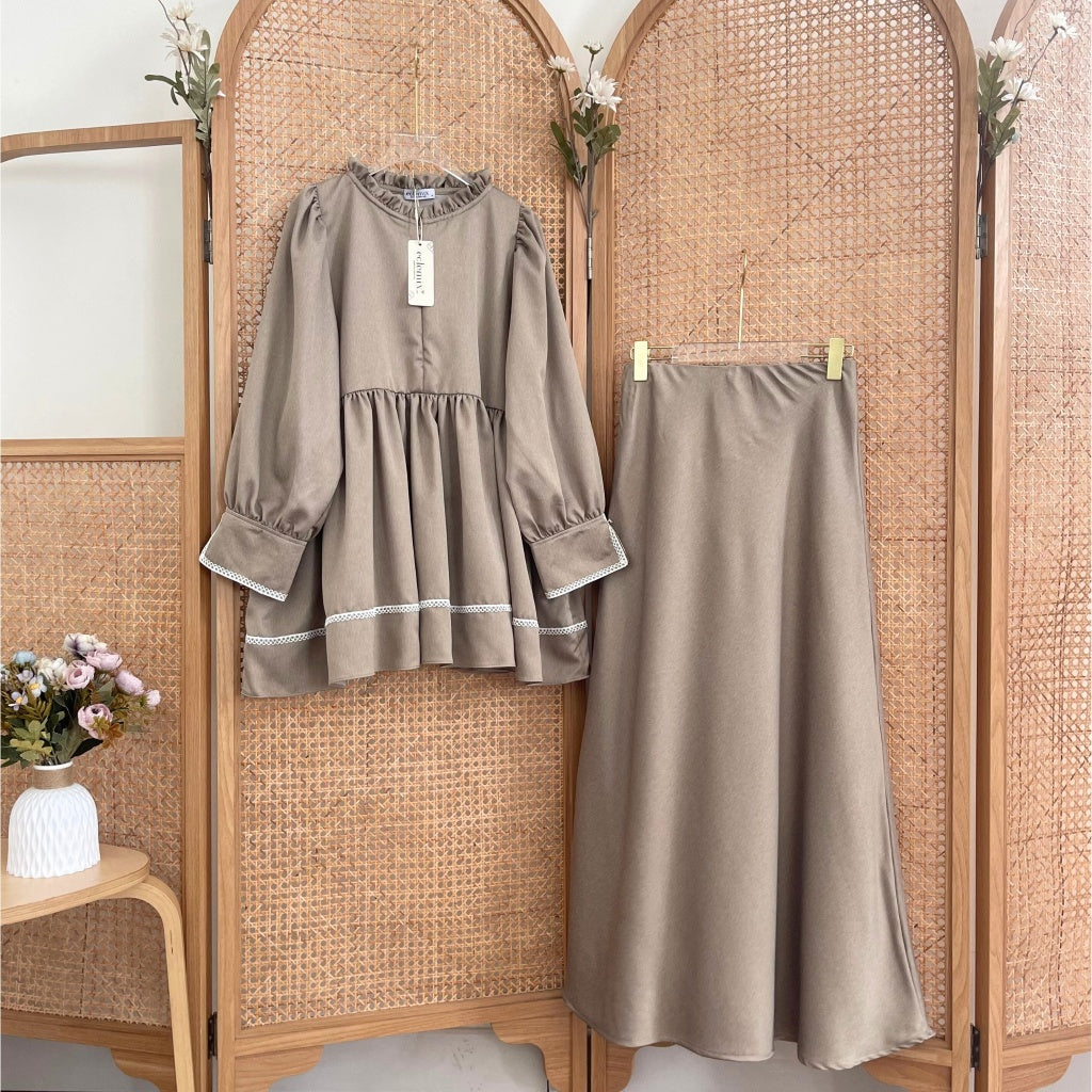 Image of Eclemix One Set Osha | Setelan Wanita Blouse Baby Doll Resleting Depan | Rok Wanita Polos A-line