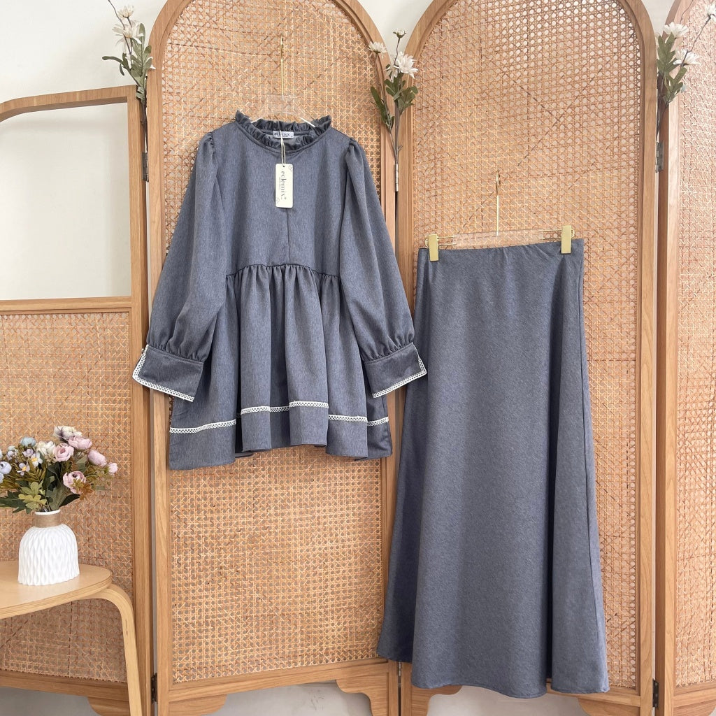 Image of Eclemix One Set Osha | Setelan Wanita Blouse Baby Doll Resleting Depan | Rok Wanita Polos A-line