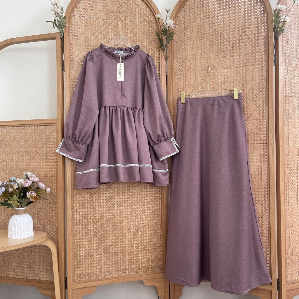 Eclemix One Set Osha | Setelan Wanita Blouse Baby Doll Resleting Depan | Rok Wanita Polos A-line