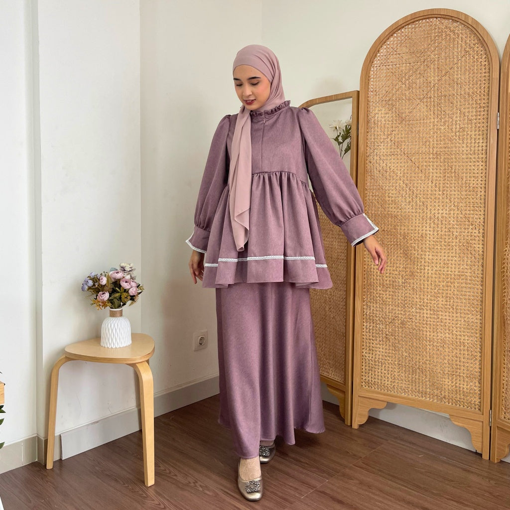 Eclemix One Set Osha | Setelan Wanita Blouse Baby Doll Resleting Depan | Rok Wanita Polos A-line