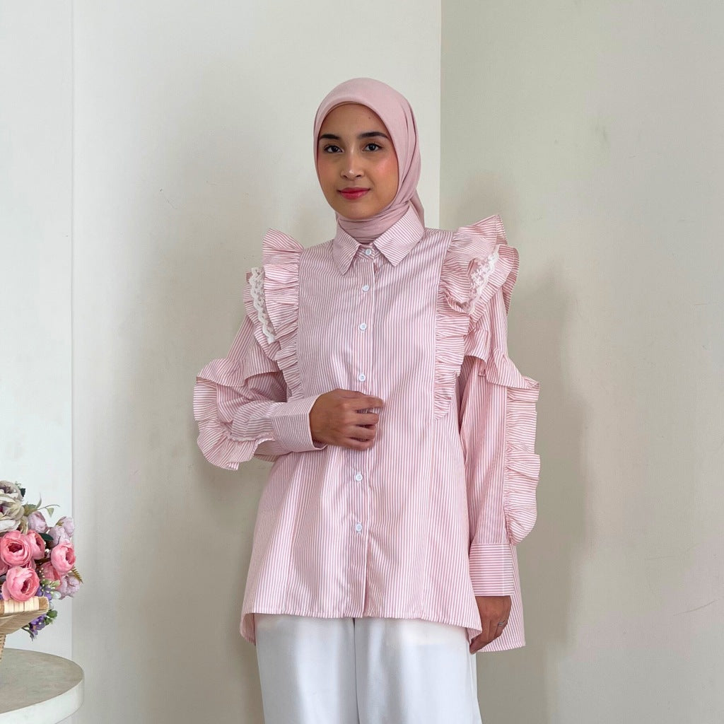 Eclemix Top Kimiko | Atasan Wanita Blouse Ruffle Motif Stripe