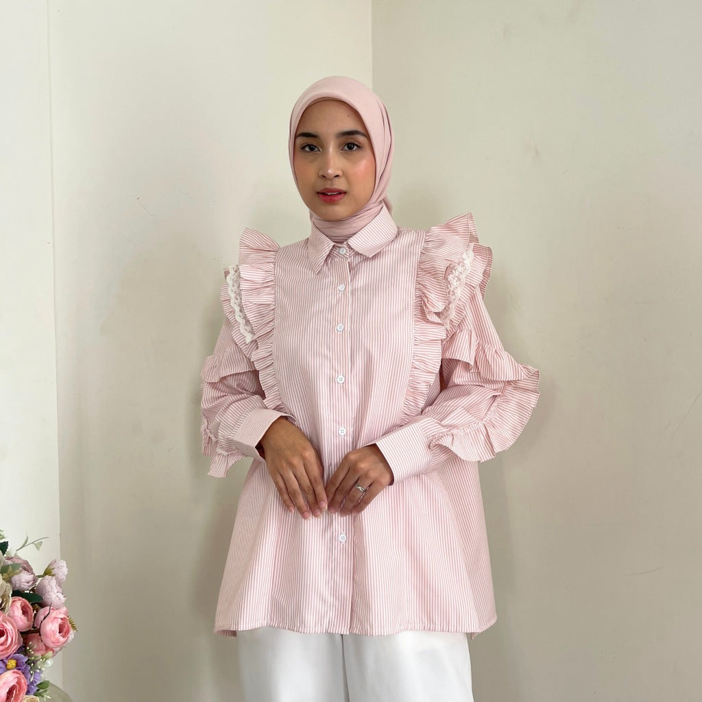 Image of Eclemix Top Kimiko | Atasan Wanita Blouse Ruffle Motif Stripe