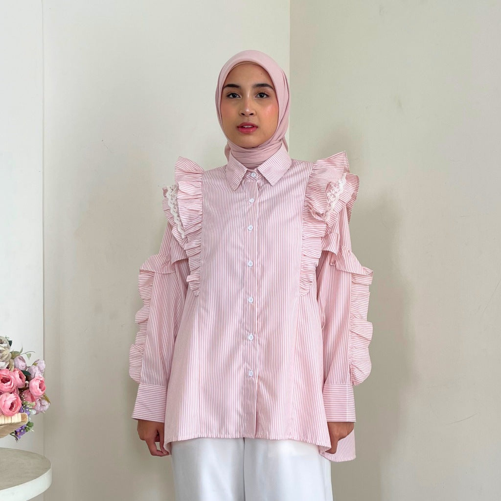 Image of Eclemix Top Kimiko | Atasan Wanita Blouse Ruffle Motif Stripe