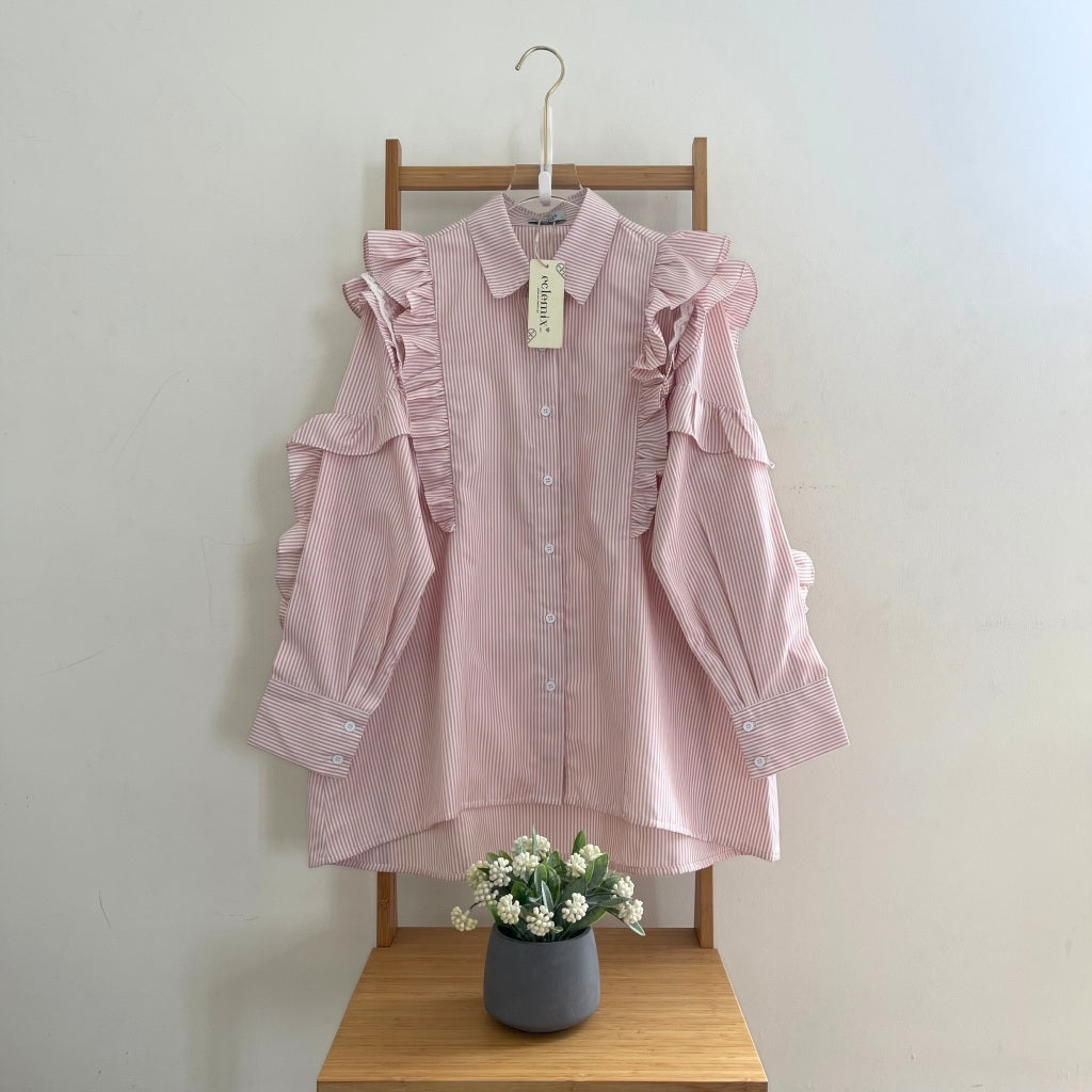 Eclemix Top Kimiko | Atasan Wanita Blouse Ruffle Motif Stripe