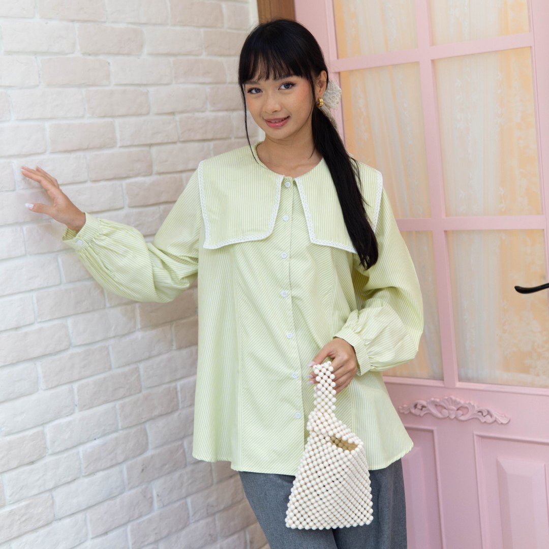 Image of Eclemix Top Jona atasan wanita blouse kerah lebar motif stripe detail produk