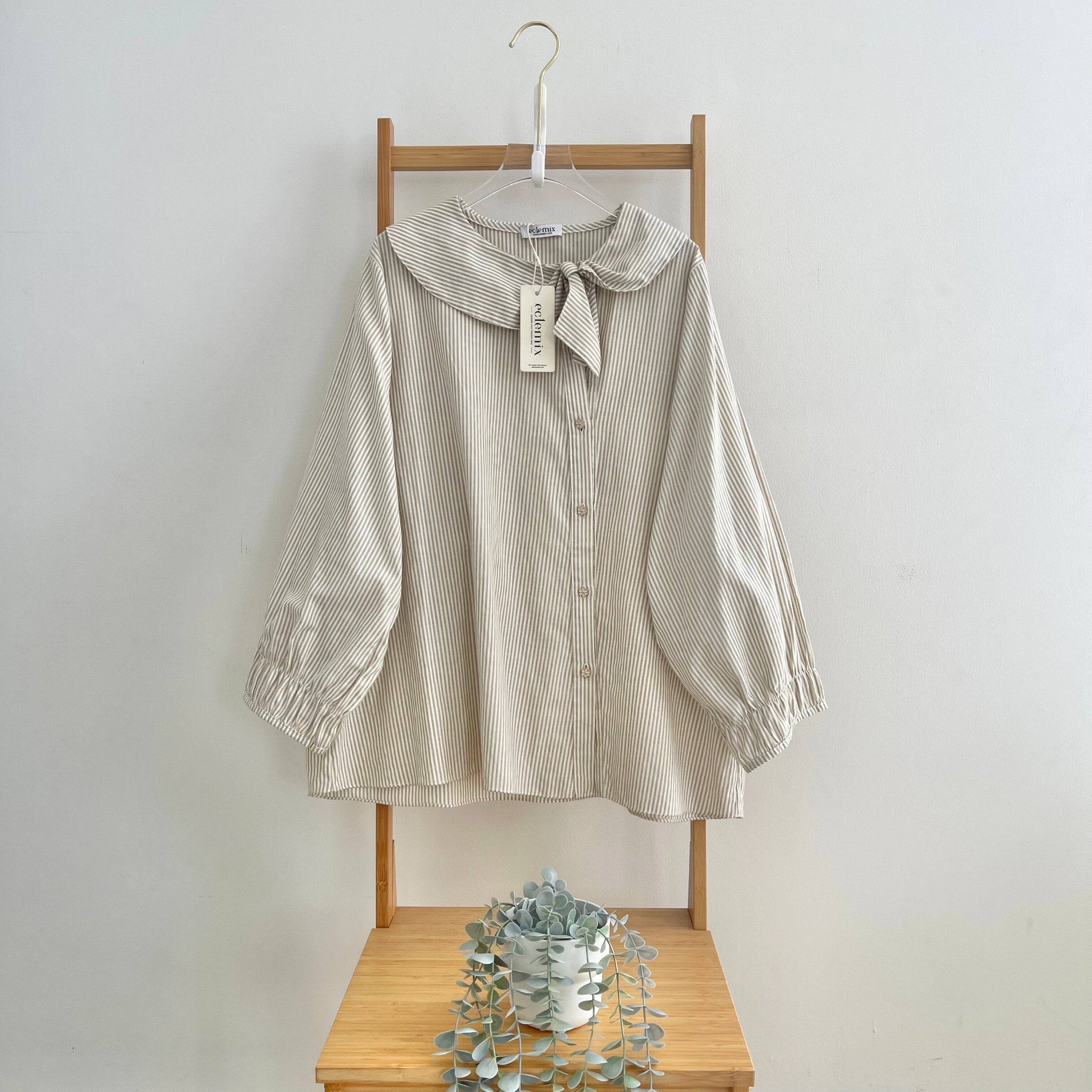 Image of Eclemix Top Kirumi | Atasan Wanita Kemeja Motif Stripes Kerah Pita