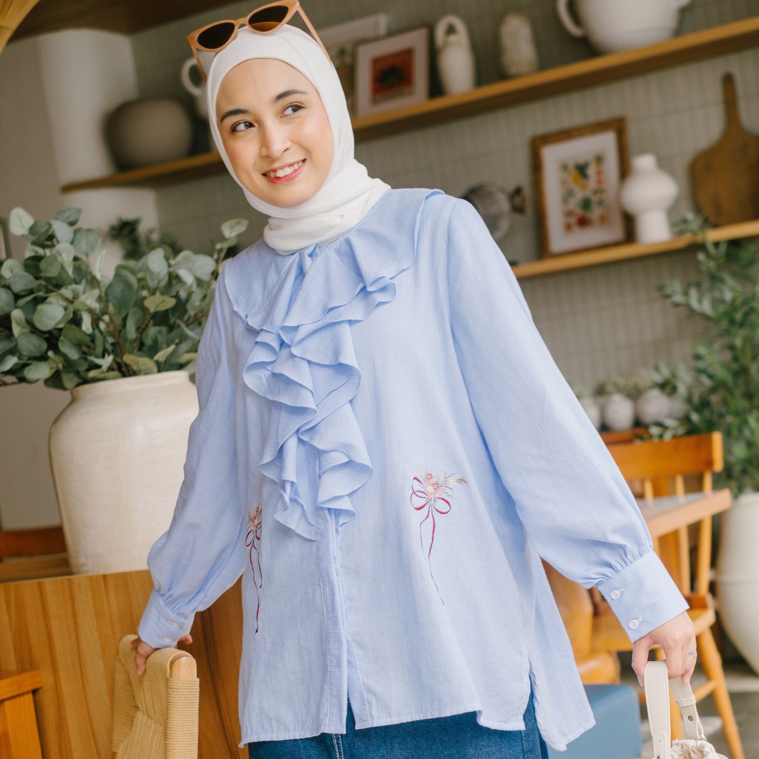 Eclemix Top Kleana | Atasan Wanita Kemeja Motif Stripe Ruffle