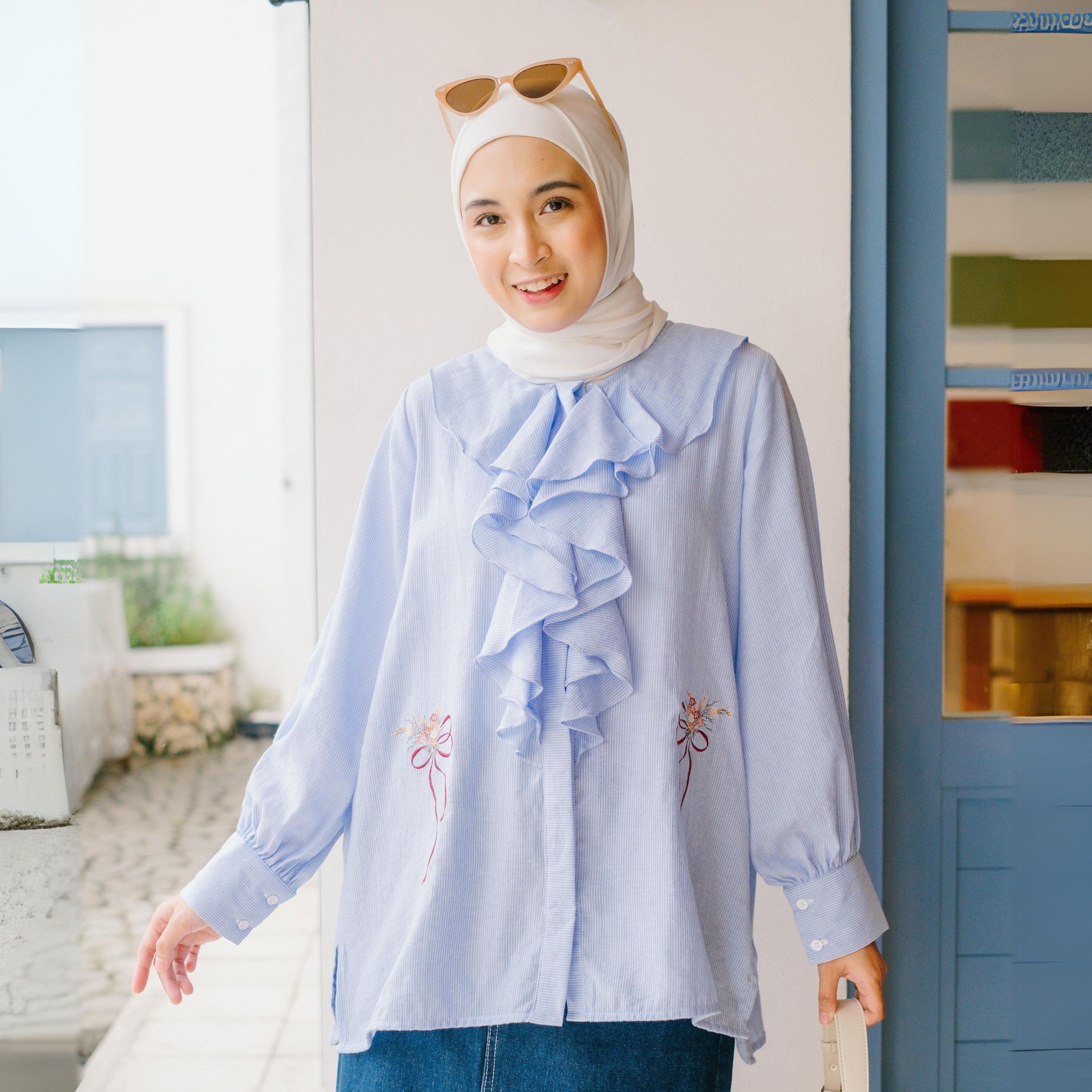 Eclemix Top Kleana | Atasan Wanita Kemeja Motif Stripe Ruffle