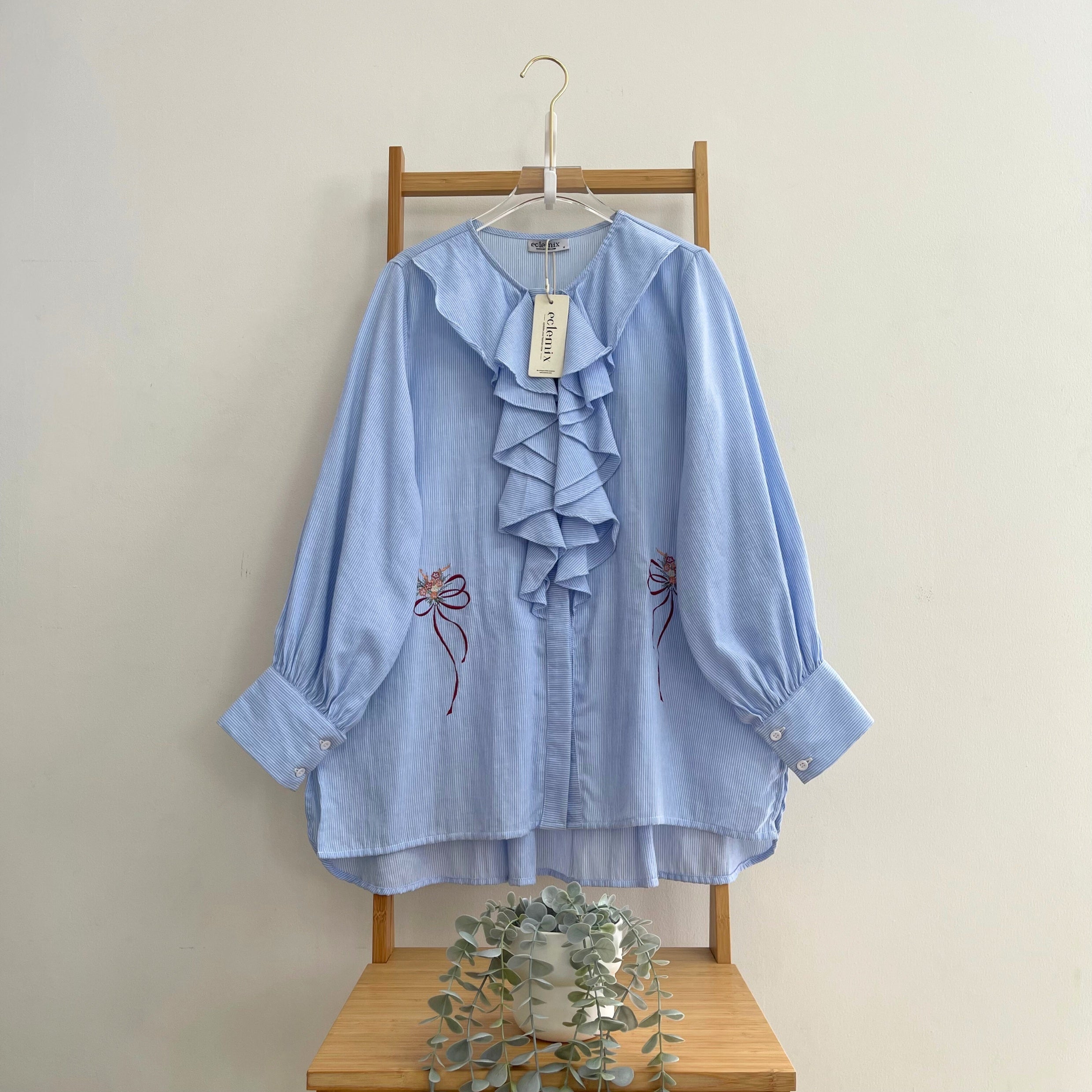 Eclemix Top Kleana | Atasan Wanita Kemeja Motif Stripe Ruffle