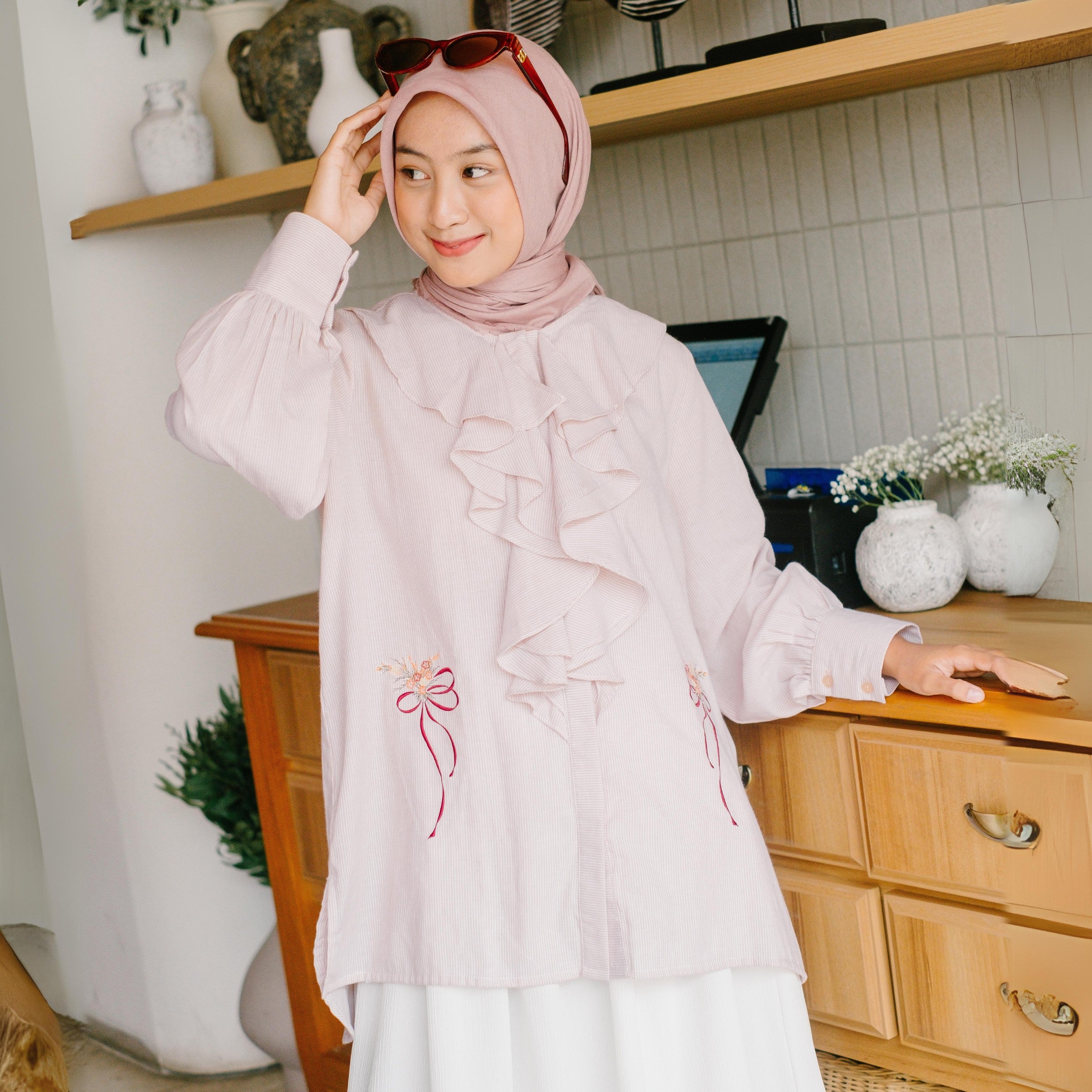 Eclemix Top Kleana | Atasan Wanita Kemeja Motif Stripe Ruffle