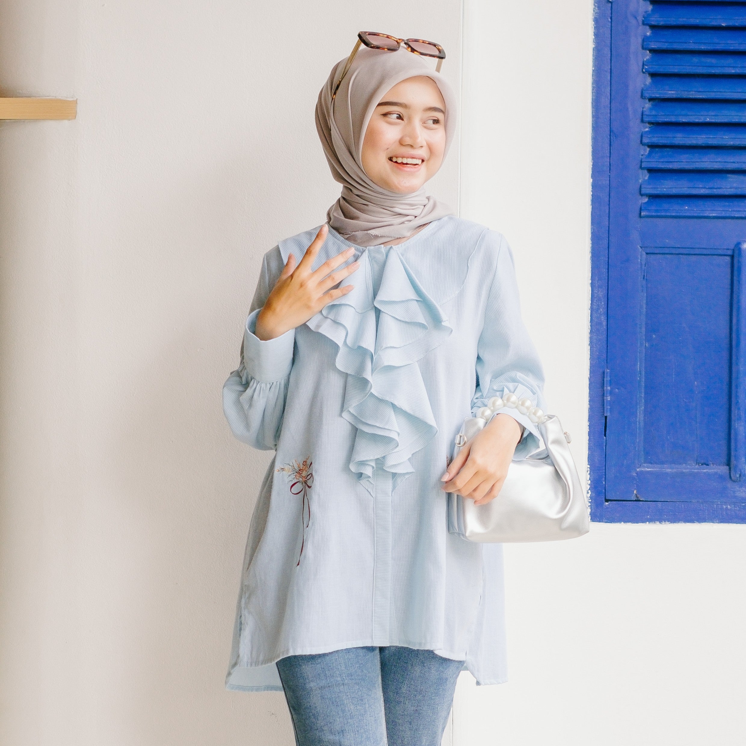 Eclemix Top Kleana | Atasan Wanita Kemeja Motif Stripe Ruffle