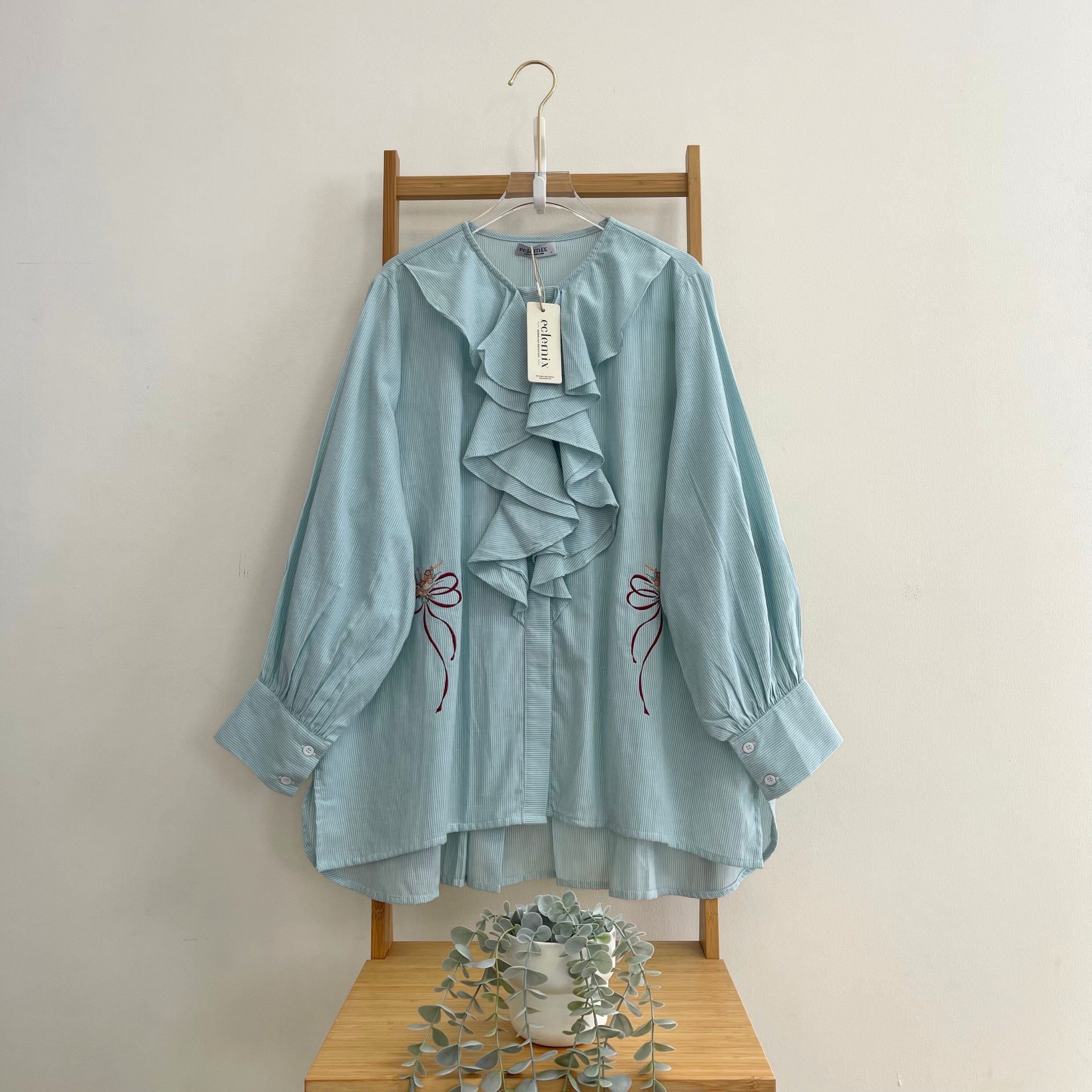 Eclemix Top Kleana | Atasan Wanita Kemeja Motif Stripe Ruffle