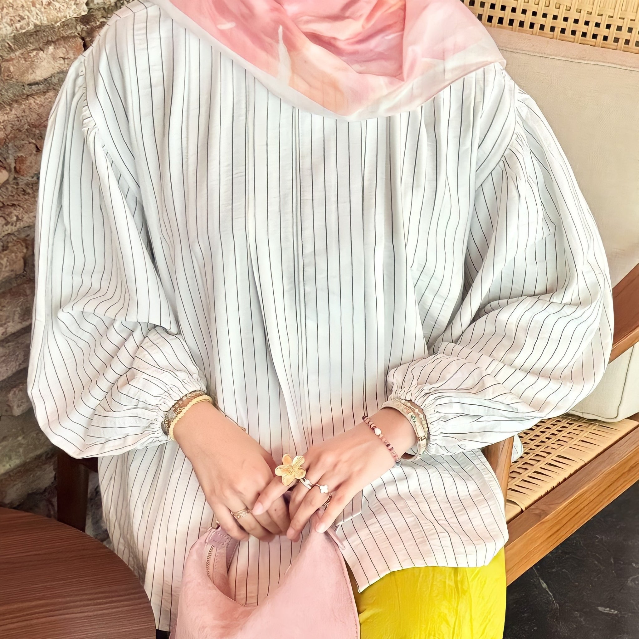 Image of Eclemix Top Naia | Atasan Blouse Wanita Stripe Lengan Balon Korean Style