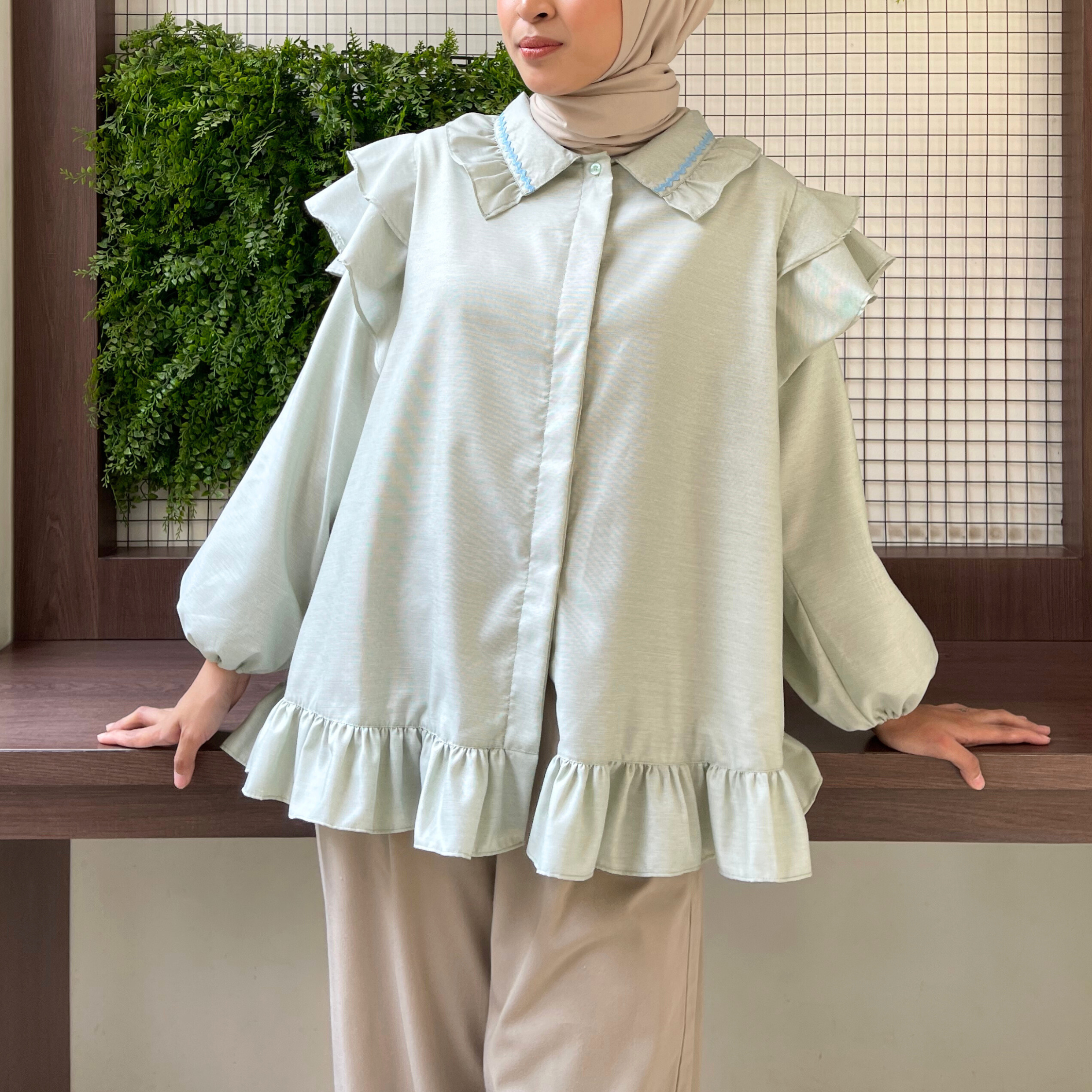 Eclemix Top Namira | Atasan Wanita Kemeja Kancing Polos Ruffle