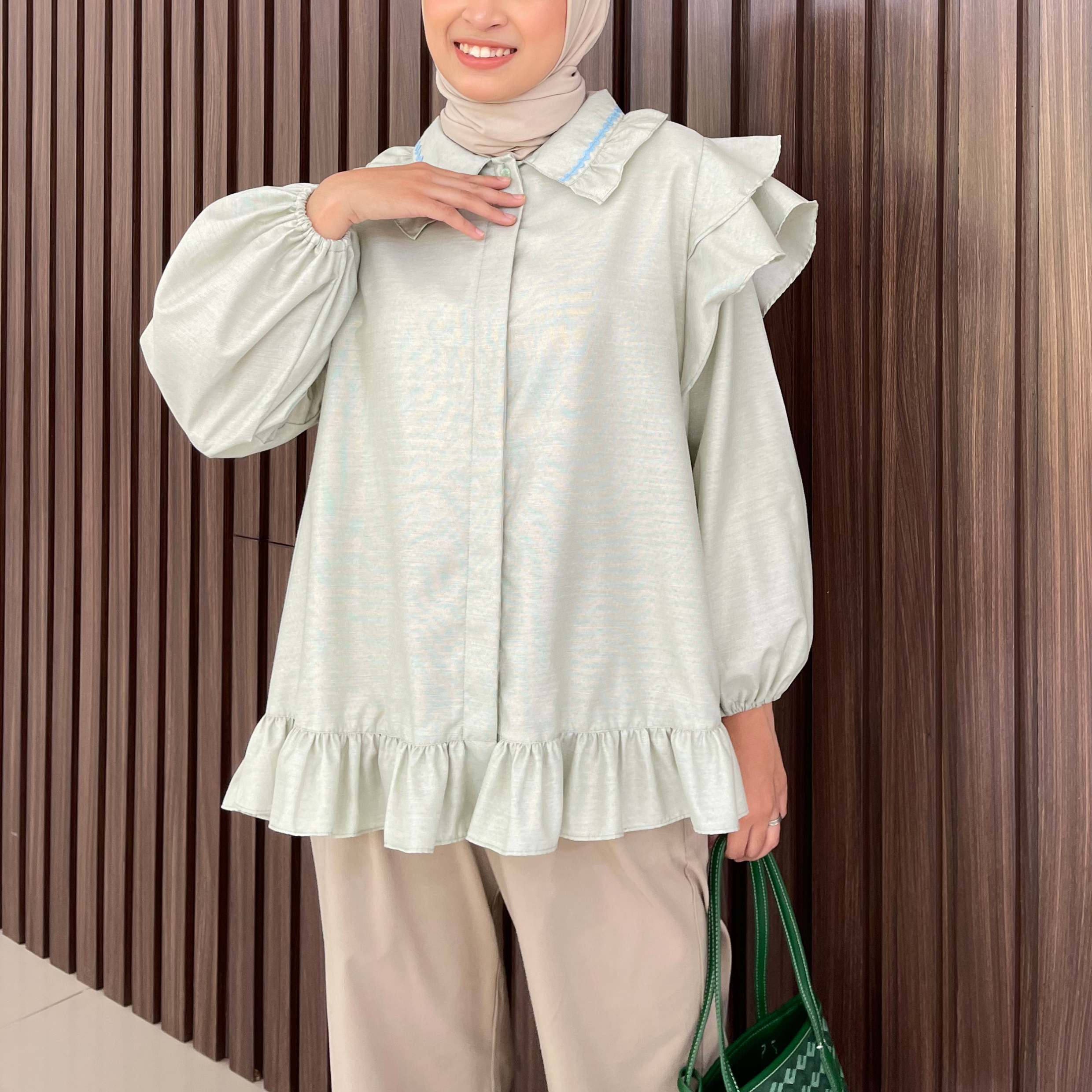 Eclemix Top Namira | Atasan Wanita Kemeja Kancing Polos Ruffle