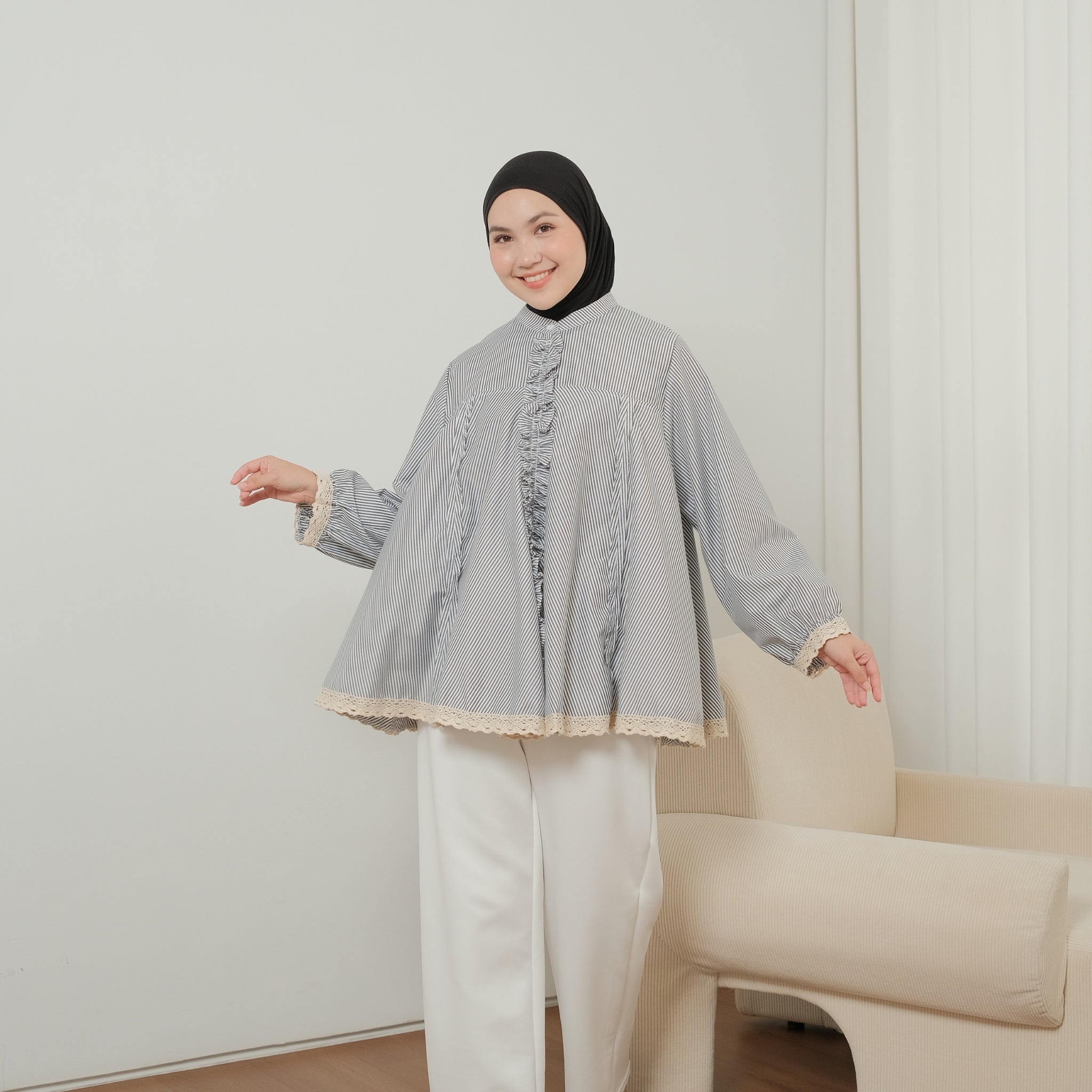 Eclemix Top Seora | Atasan Blouse Wanita Katun Ruffle Motif Stripes
