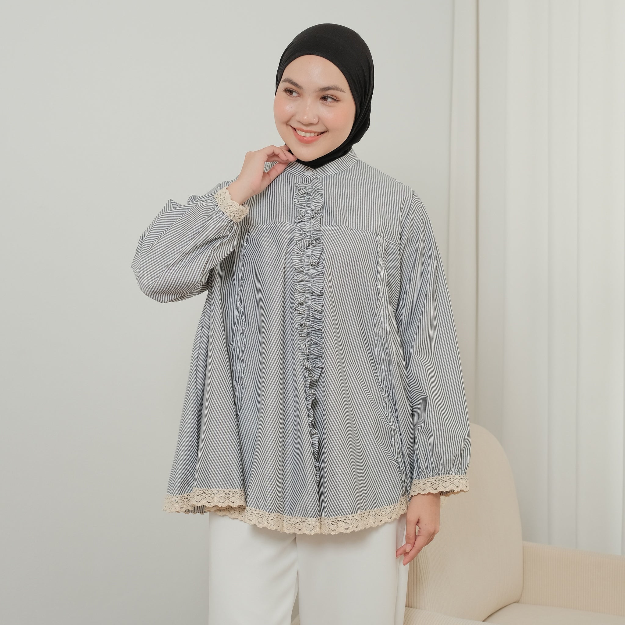 Eclemix Top Seora | Atasan Blouse Wanita Katun Ruffle Motif Stripes