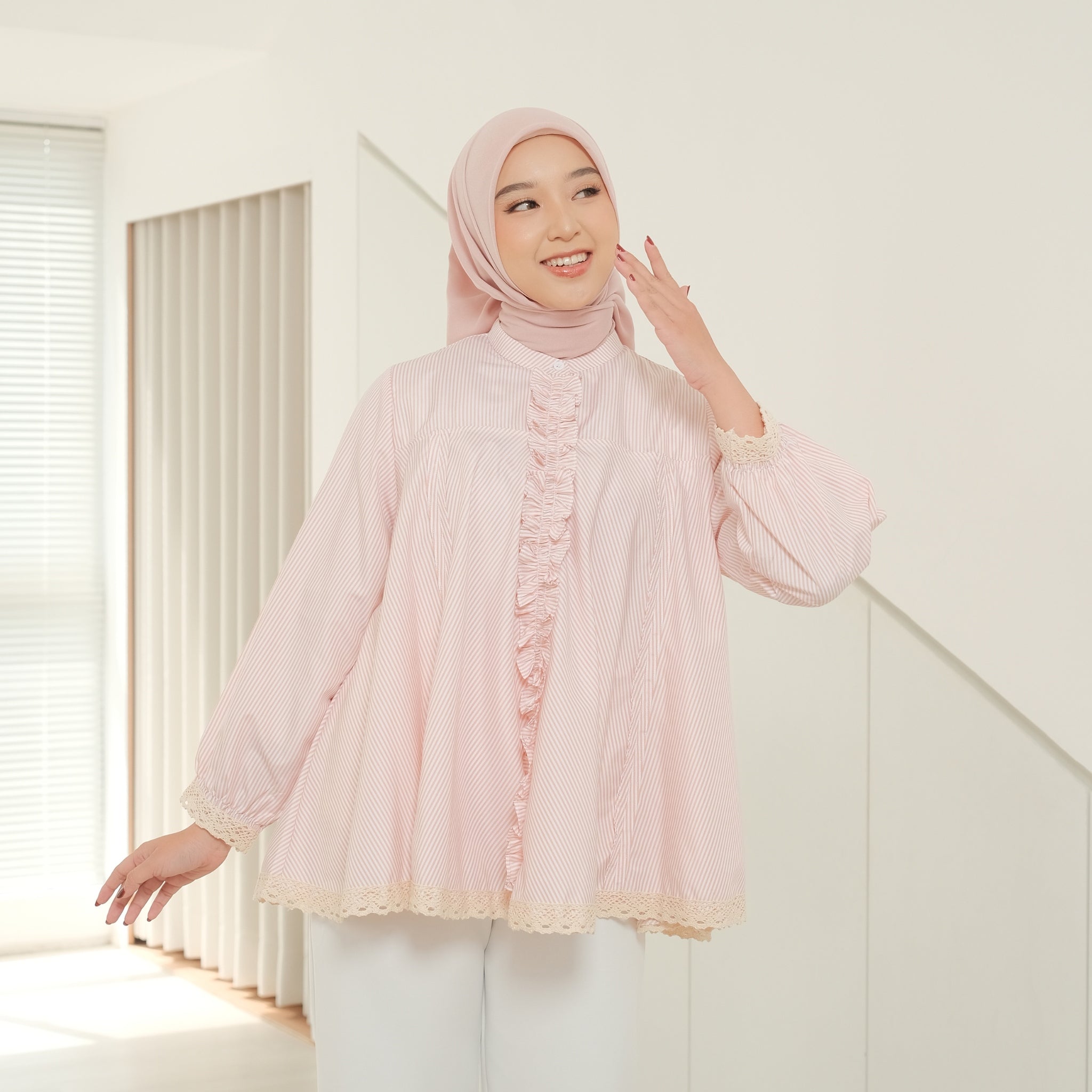 Eclemix Top Seora | Atasan Blouse Wanita Katun Ruffle Motif Stripes