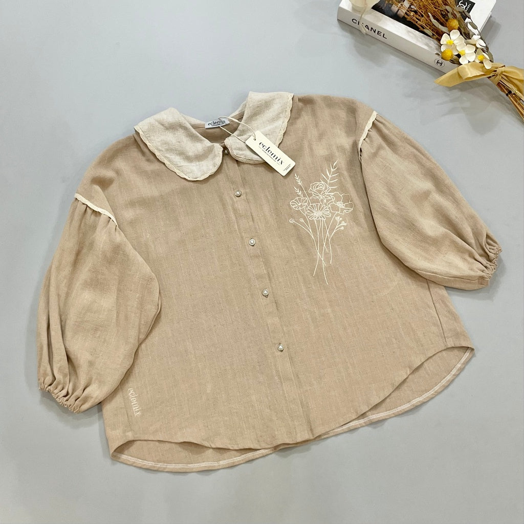 Image of Eclemix Kemeja Wanita Stripe Kerah Renda Puff Sleeve Top Aluvia