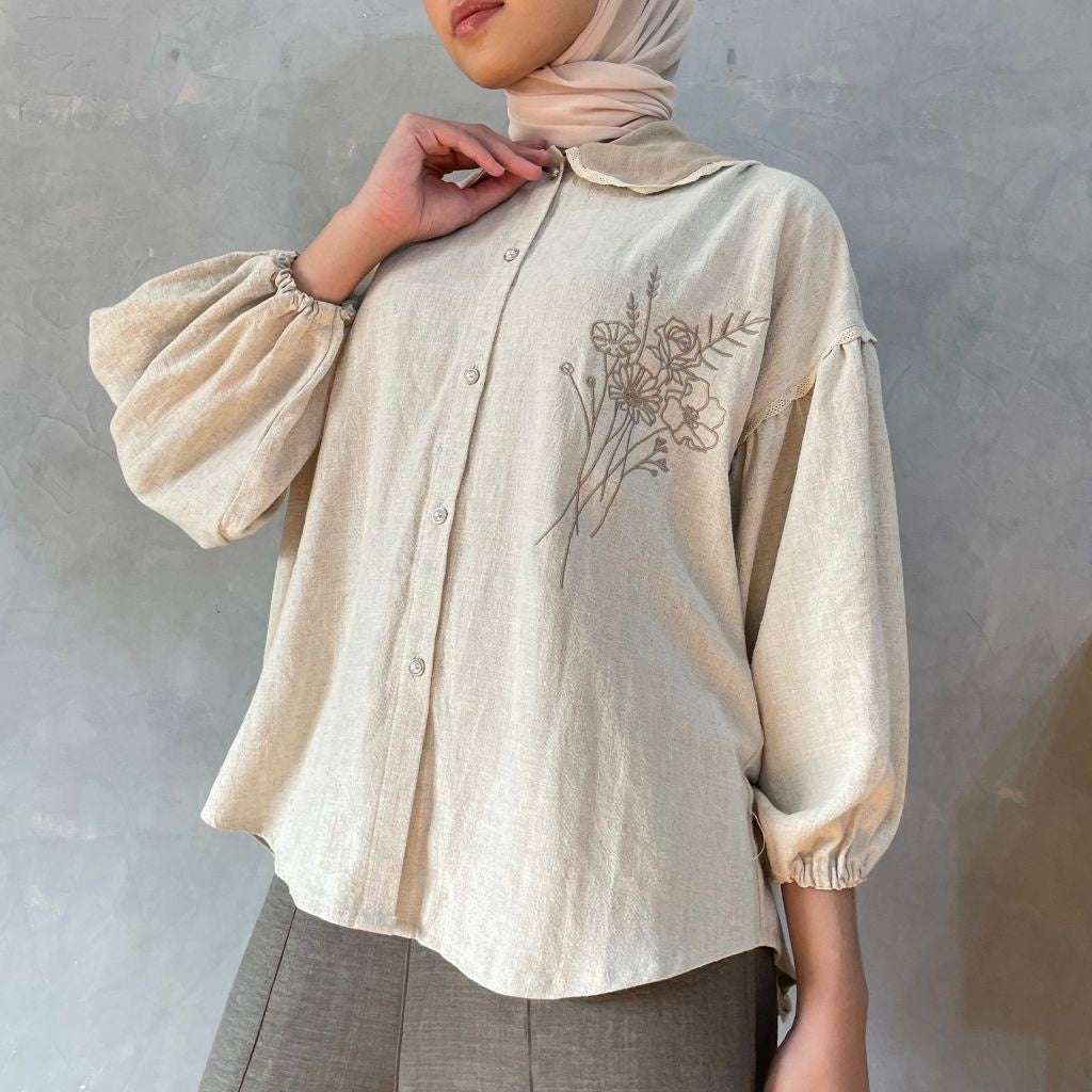 Image of Eclemix Kemeja Wanita Stripe Kerah Renda Puff Sleeve Top Aluvia