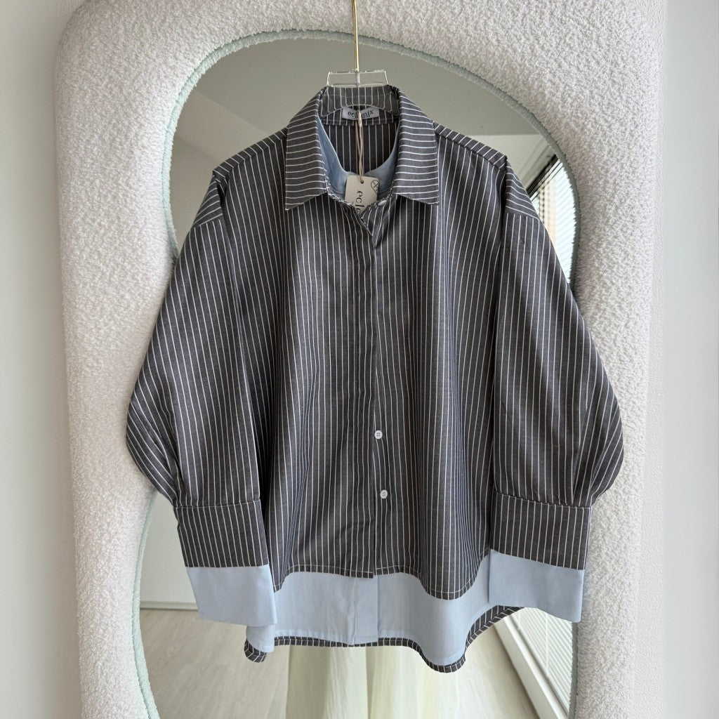 Eclemix Top Ananta | Kemeja Wanita Oversized Twotone Layer Stripes