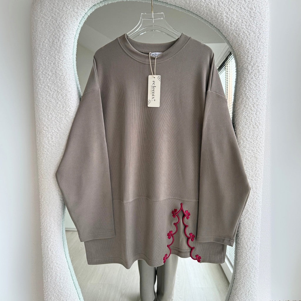 Eclemix Top Orari |  Atasan Wanita Lengan Panjang Oversize Bordir Floral Casual Chic