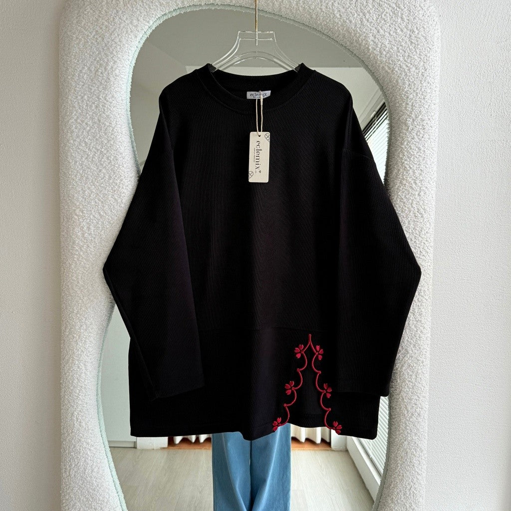 Eclemix Top Orari |  Atasan Wanita Lengan Panjang Oversize Bordir Floral Casual Chic