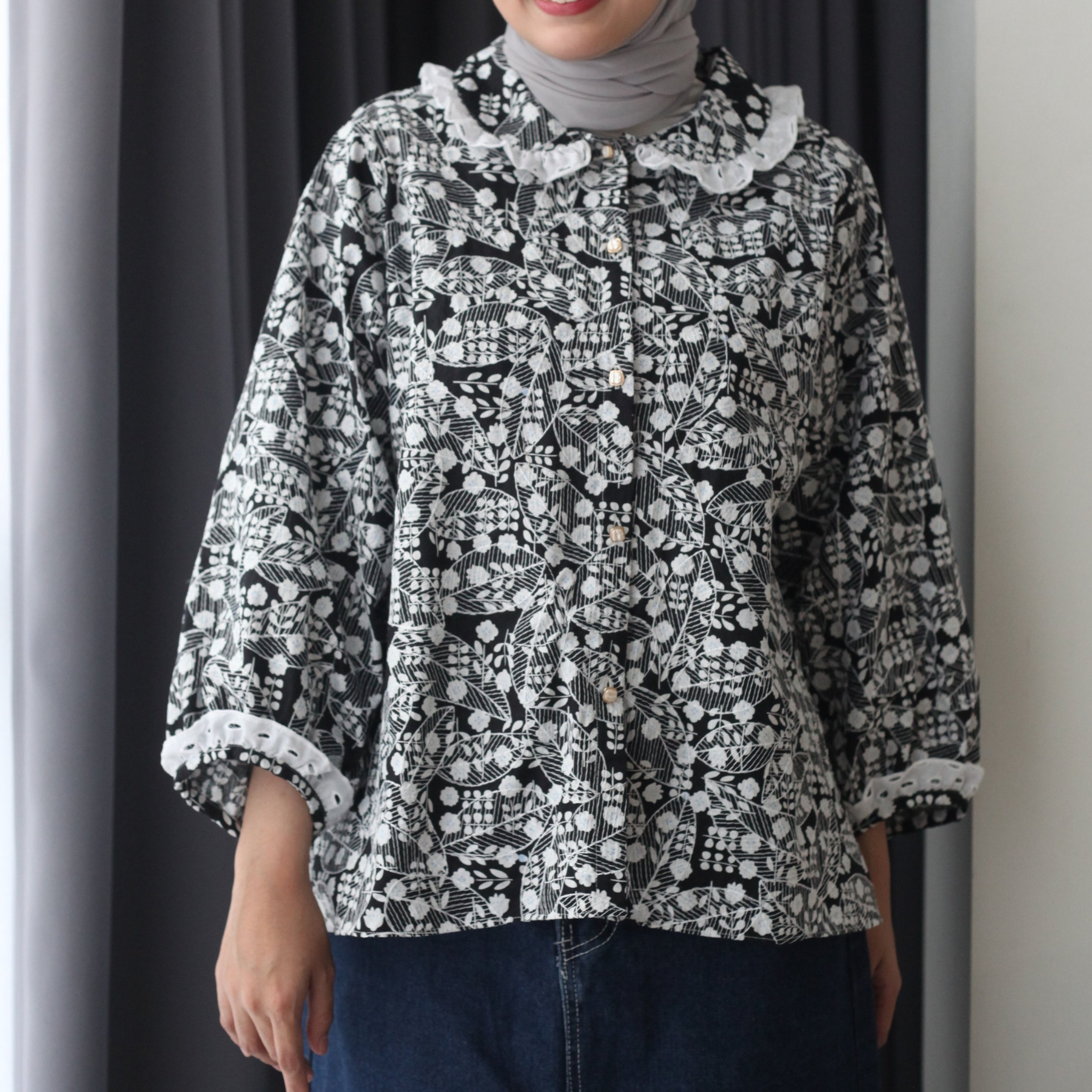 Eclemix Top Sitra | Atasan Wanita Kemeja Motif Kerah Peterpan Vintage