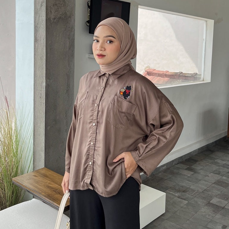 Eclemix Top Soori | Atasan Wanita Kemeja Polos Daily Basic Saku Bordir