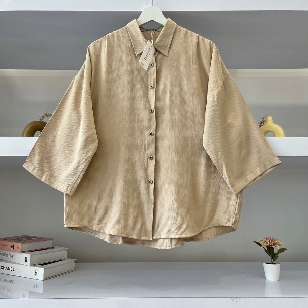 Eclemix Top Hana | Atasan Wanita Kemeja Kancing Depan Polos Lengan Panjang Daily Basic