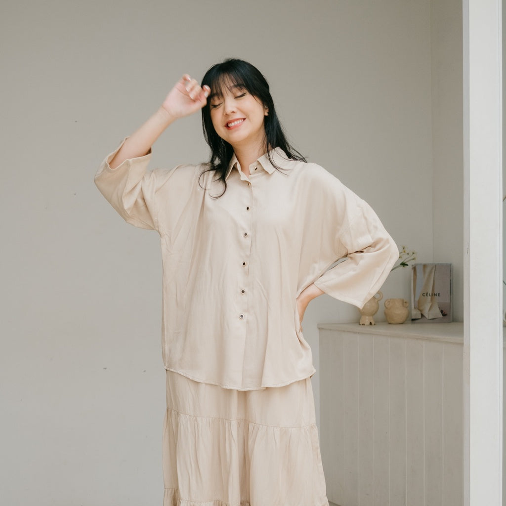 Eclemix Top Hana | Atasan Wanita Kemeja Kancing Depan Polos Lengan Panjang Daily Basic